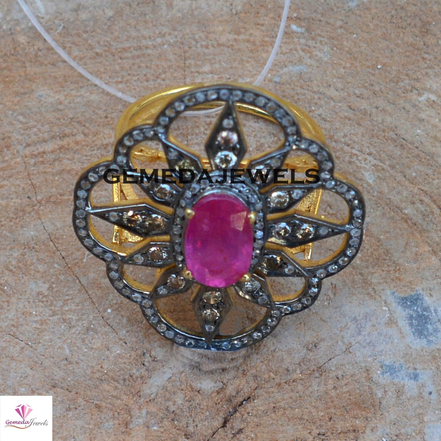 Ruby Gemstone Ring, Diamond Flower Ring, 925 Silver Jewelry, Gemstone Silver Jewelry, Gold Vermeil Ring, Gemstone Floral Ring, Gift For Her