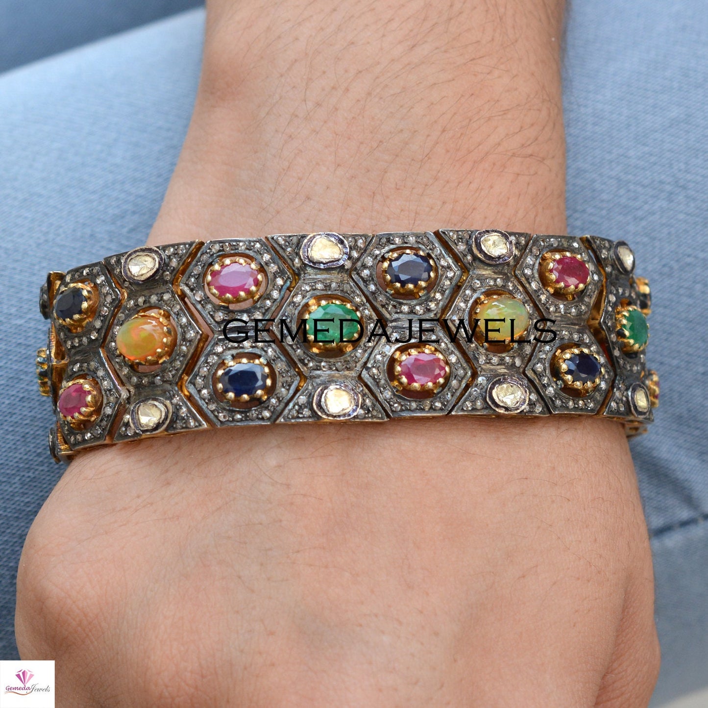 Polki Diamond Bracelet, Ruby Opal Gemstone Bracelet, Pave Diamond Jewelry, 14k Gold Plated Jewelry, 925 Silver Bracelet, Emerald Bracelet