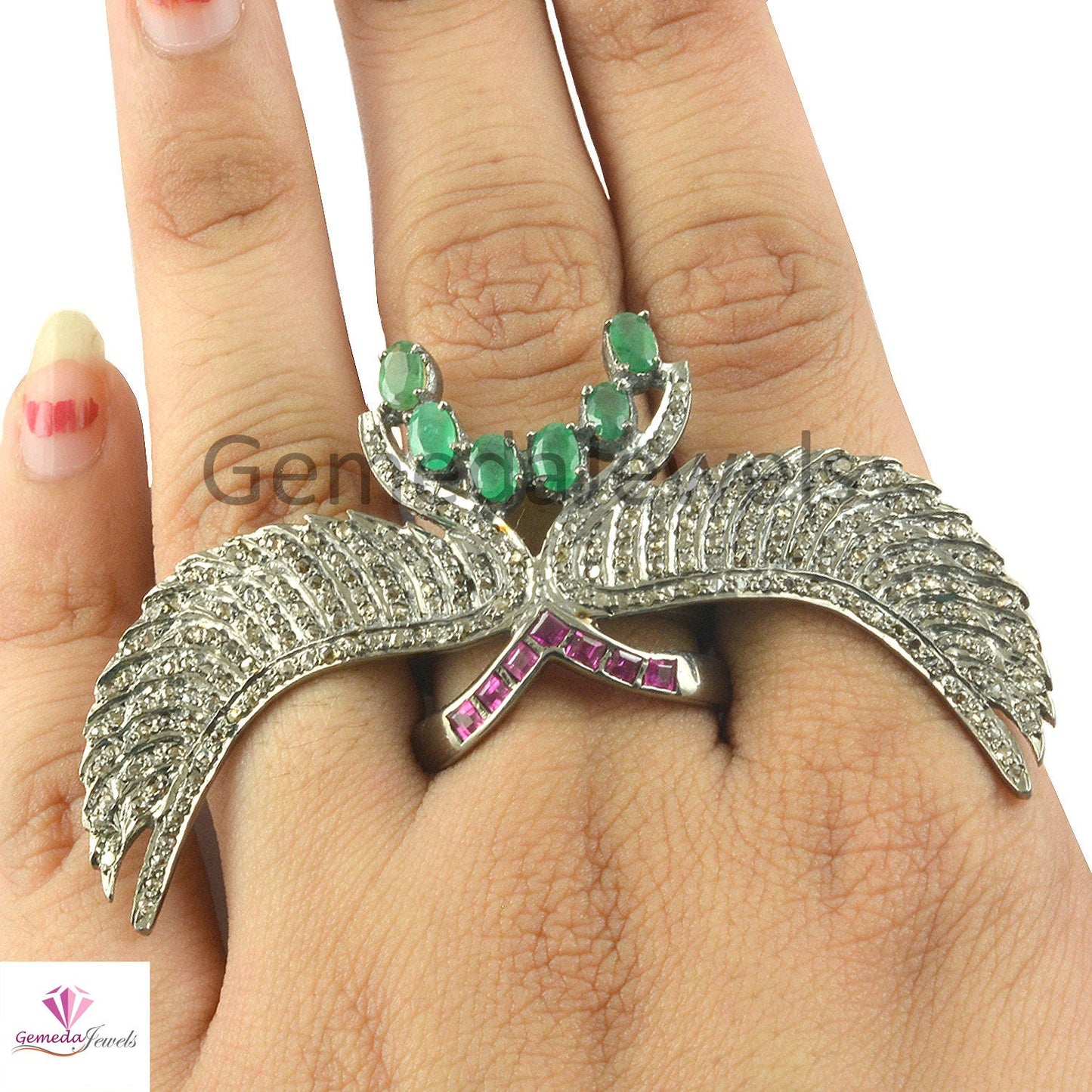 Real Ruby Gemstone 1.78 CTS Natural Pave Diamond Wing Ring Solid 925 Silver Emerald Gemstone Jewelry, Gemstone Silver Ring, Gift For Her