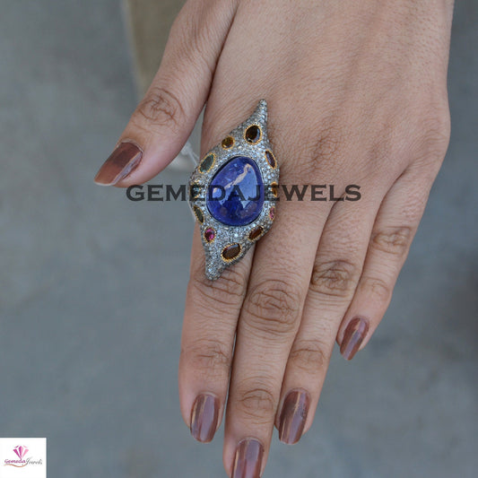 Tanzanite Gemstone Ring, Sterling Silver Ring, Gemstone Silver Jewelry, Pave Diamond Ring, Multi Gemstone Ring, Antique Ring Jewelry, Gifts