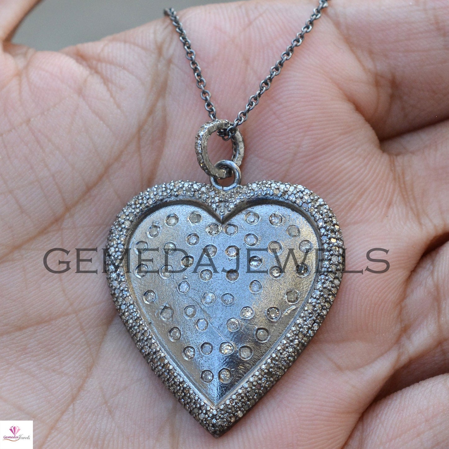 Sale!! 16" Link Chain Necklace, Pave Diamond Pendant, 925 Sterling Silver, Diamond Heart Pendant, Silver Heart Pendant Jewelry, Gift For Her