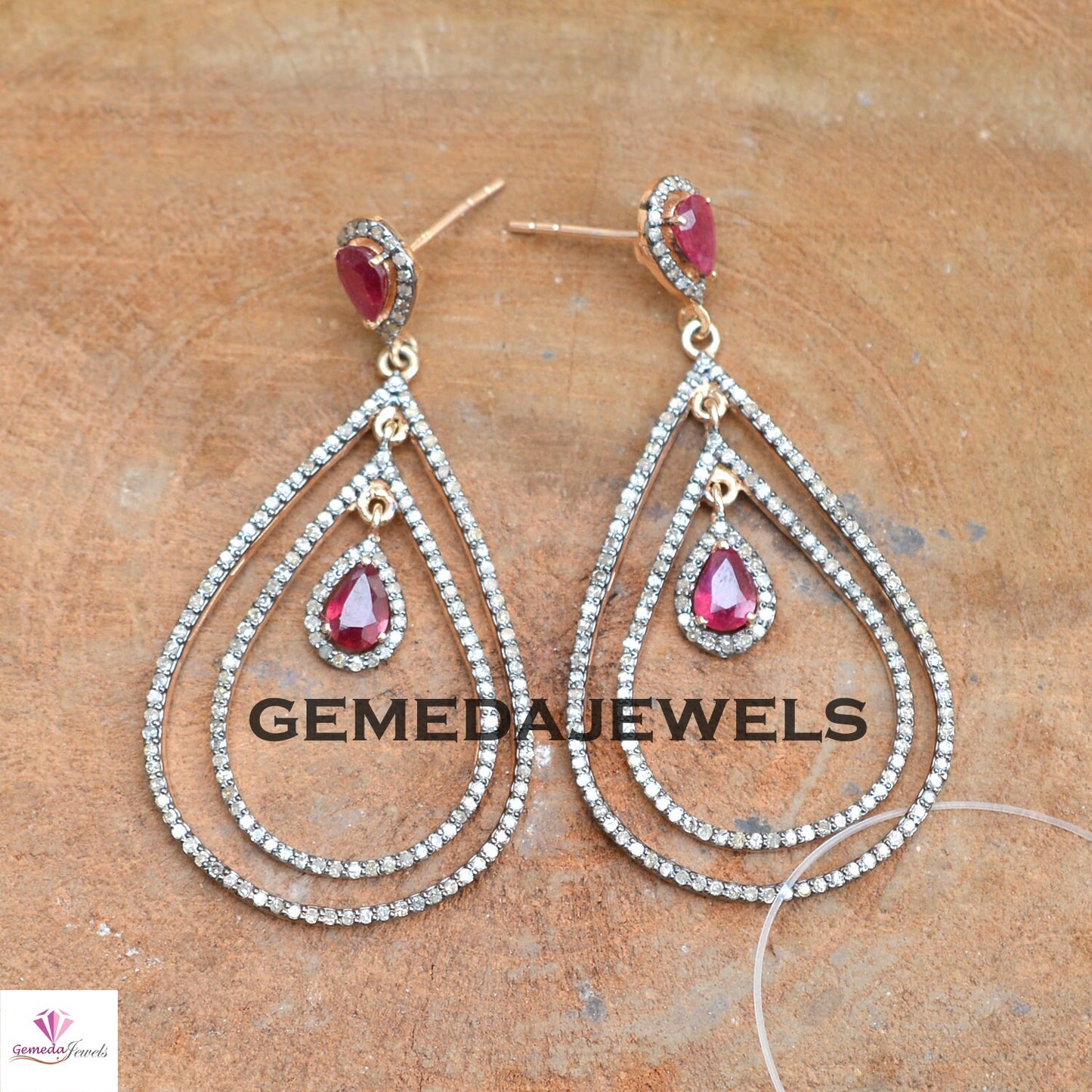 Gorgeous Red Ruby Earrings, Pave Diamond Earring, Diamond 925 Silver Jewelry, Drop Dangle Earrings, Gold Plated Jewelry, Wedding Jewelry