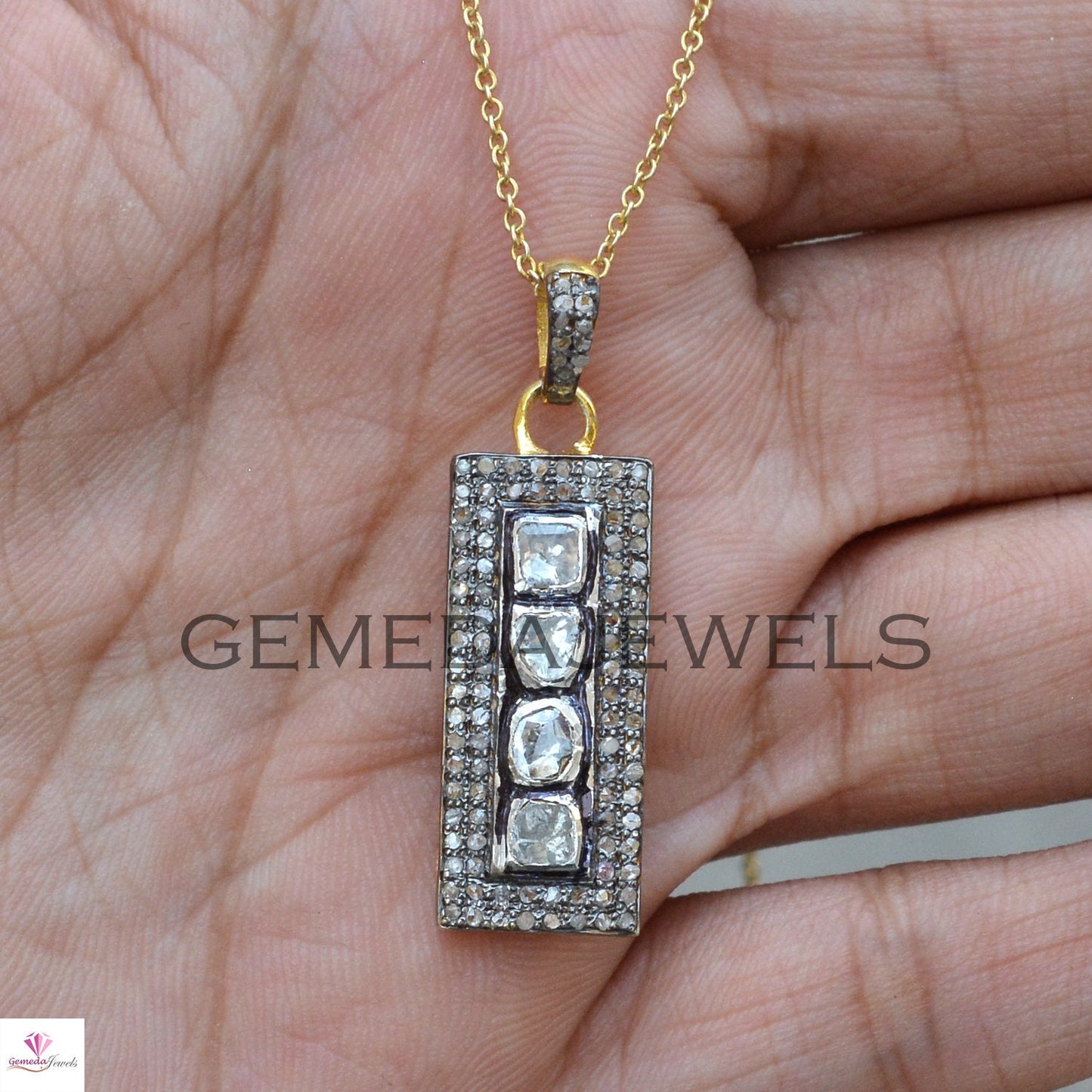 Polki Diamond Pendant, 925 Silver Gold Plated Pendant, Pave Diamond Pendant, Diamond Charm Pendant, 16" Silver Chain Necklace, Gift For Her
