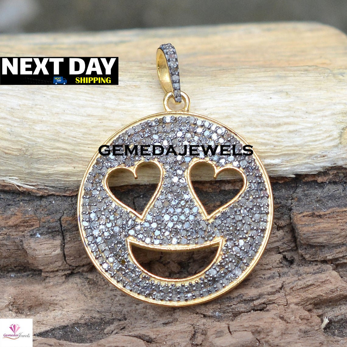 Pave Diamond Pendant, Smiley Silver Pendant, 925 Silver Jewelry, Gold Vermeil Pendant, Silver Diamond Pendant, 16" Chain Necklace, Gifts