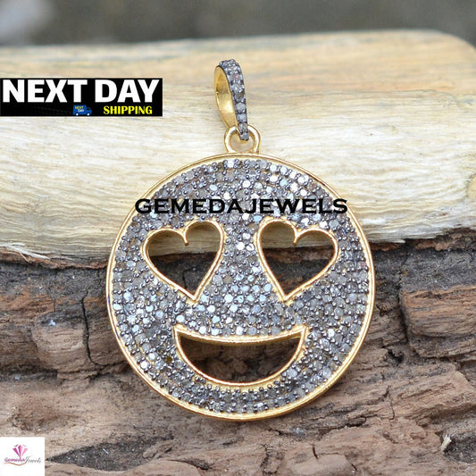 Pave Diamond Pendant, Smiley Silver Pendant, 925 Silver Jewelry, Gold Vermeil Pendant, Silver Diamond Pendant, 16" Chain Necklace, Gifts