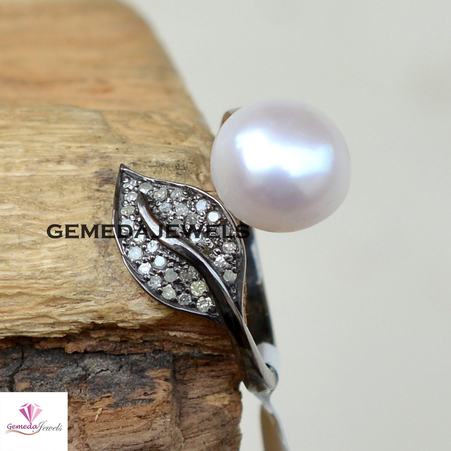 Sale! White Pearl Ring, Pave Diamond Leaf Ring, Gemstone Silver Ring, Sterling Silver Jewelry, Minimalist Jewelry, Rhodium Plated Ring, Gift