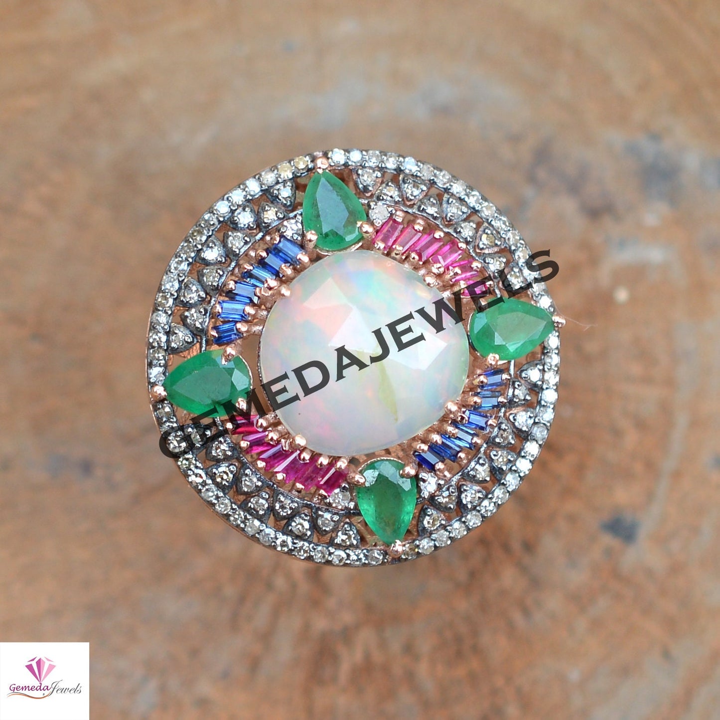 Genuine Opal 925 Silver Ring, Pave Diamond Jewelry, Baguette Gemstone Jewelry, Gemstone Diamond Flower Ring, Emerald Gemstone Ring, Gift