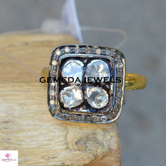 Dazzling Victorian Polki Ring, Diamond Silver Ring, Polki Diamond Ring, 925 Sterling Silver Jewelry, 14k Gold Plated Jewelry, Wedding Gifts