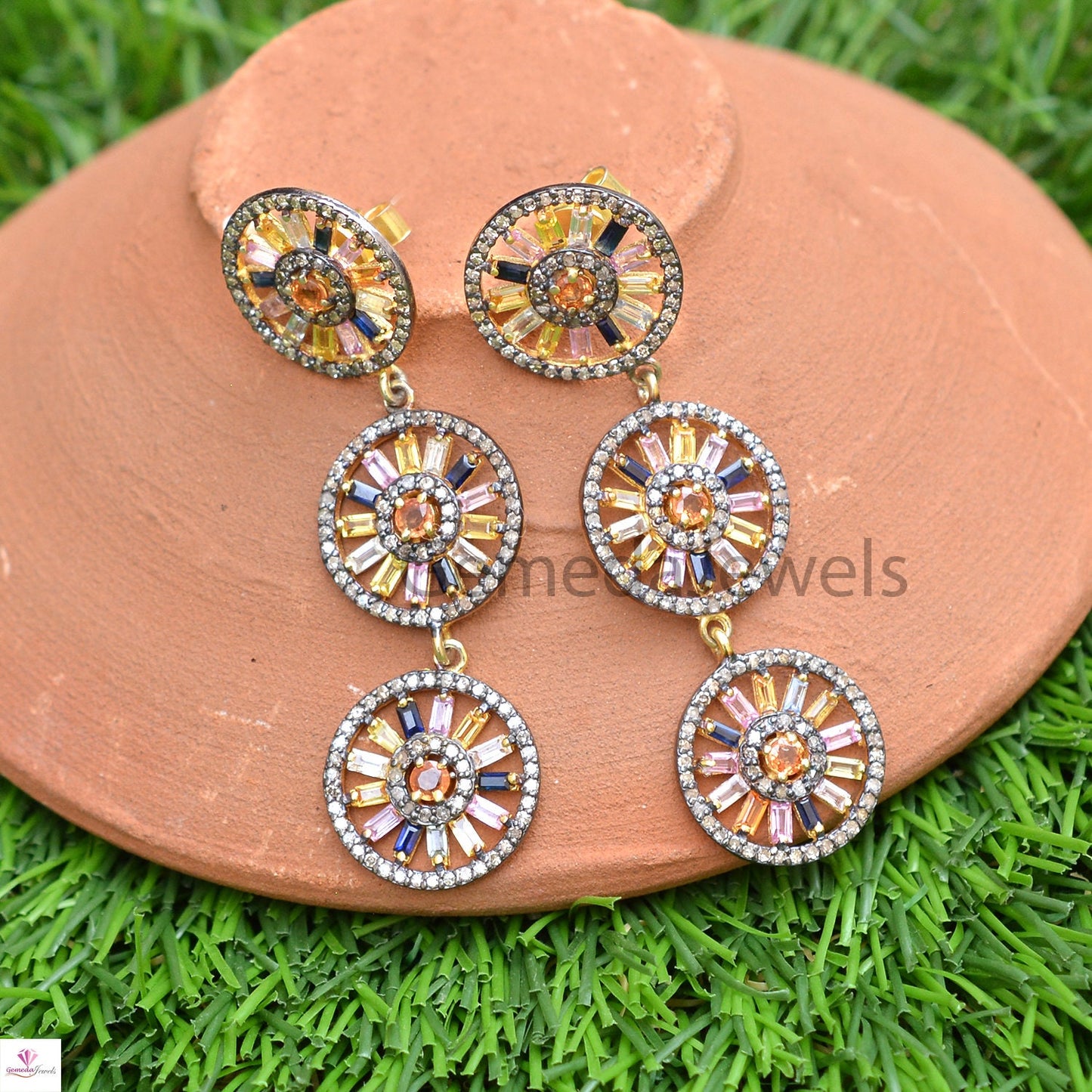 Multi Sapphire Earrings, Pave Diamond Disc Earrings, 925 Silver Jewelry, Gold Vermeil Earrings, Designer Dangle Earring, Valentine Day Gifts