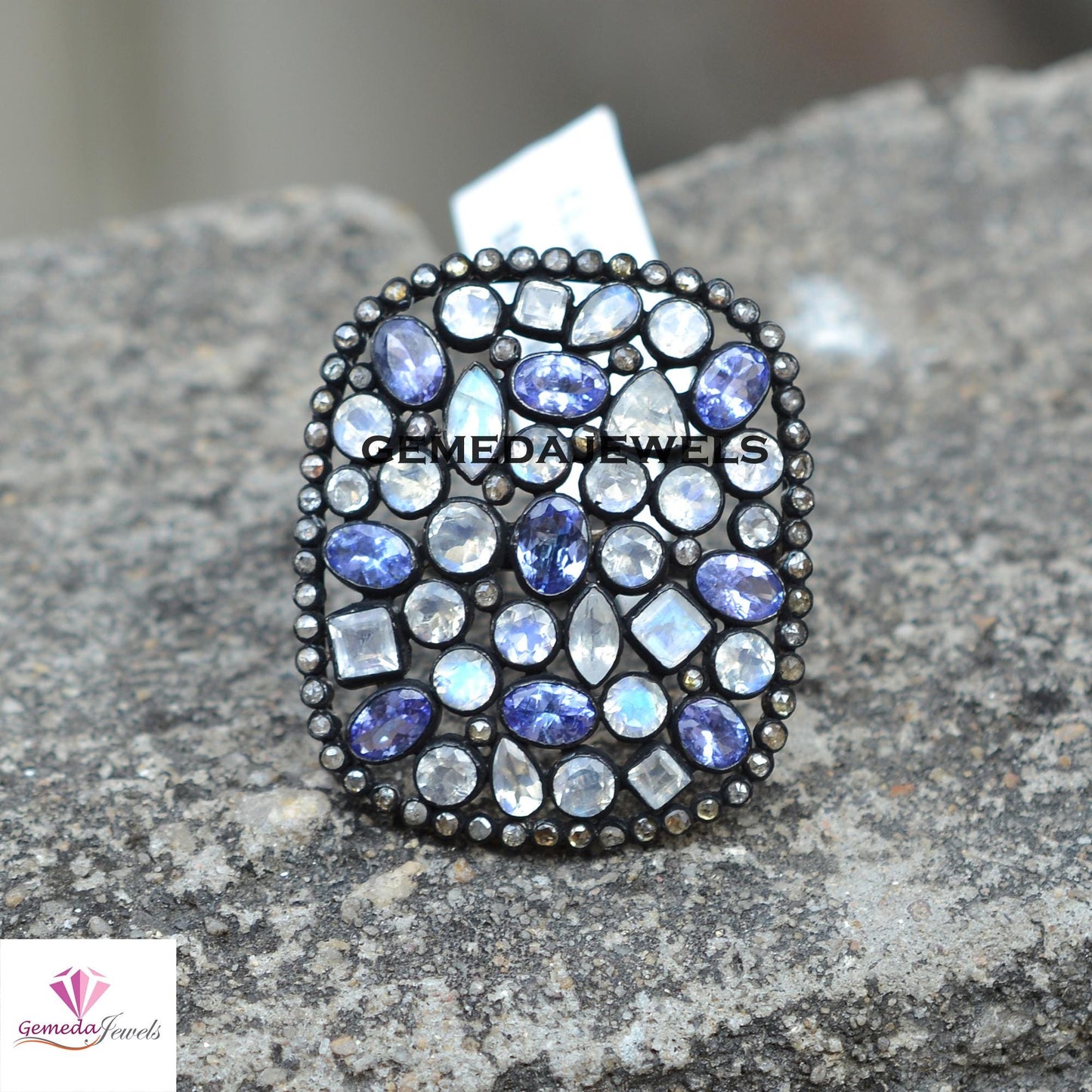 Sale! Rare Moonstone Gemstone Ring, Tanzanite Silver Ring, Pave Diamond Jewelry, Oxidized 925 Silver Ring, Gemstone Jewellery, Gift For Her