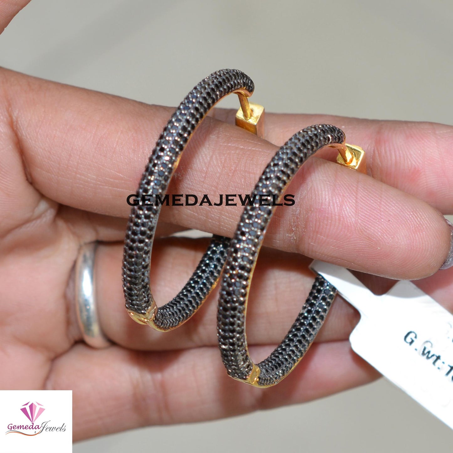 Sale 40MM Black Spinel Gemstone Hoop Earrings, 925 Silver Jewelry, 14k Gold Vermeil Earrings, Gemstone Silver Earrings, Women's Gift Jewelry