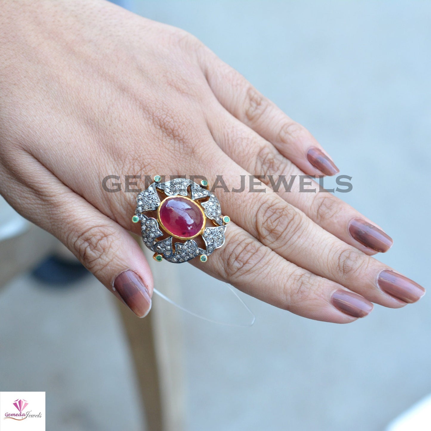 Genuine Ruby Ring, Sterling Silver Ring, 14k Gold Plated Jewelry, Emerald Gemstone Ring, Pave Diamond Jewelry, Designer Diamond Gift Jewelry