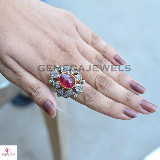 Genuine Ruby Ring, Sterling Silver Ring, 14k Gold Plated Jewelry, Emerald Gemstone Ring, Pave Diamond Jewelry, Designer Diamond Gift Jewelry