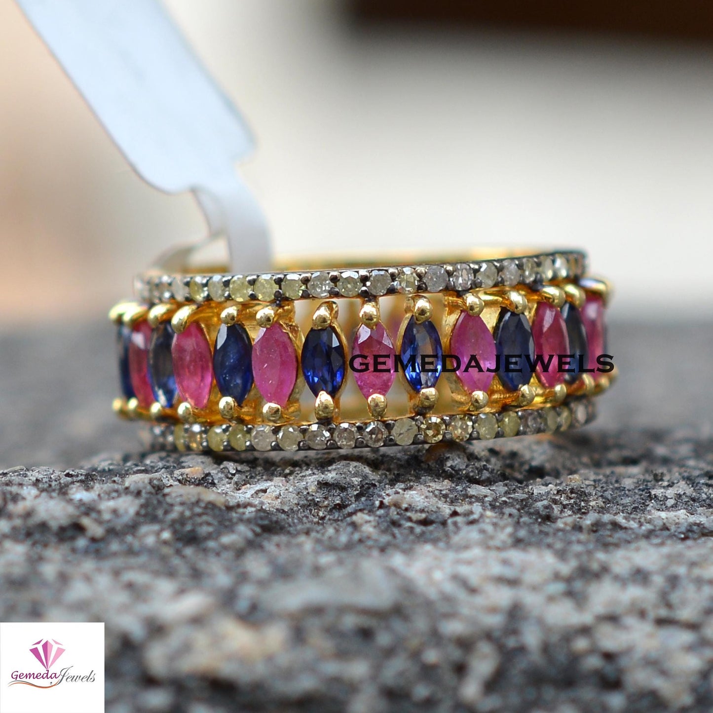 Sale! Natural Ruby Gemstone Ring, Sapphire Gemstone Jewelry, 14k Gold Plated Jewelry, 925 Silver Ring, TWO IN ONE Band Ring, Gift For Her