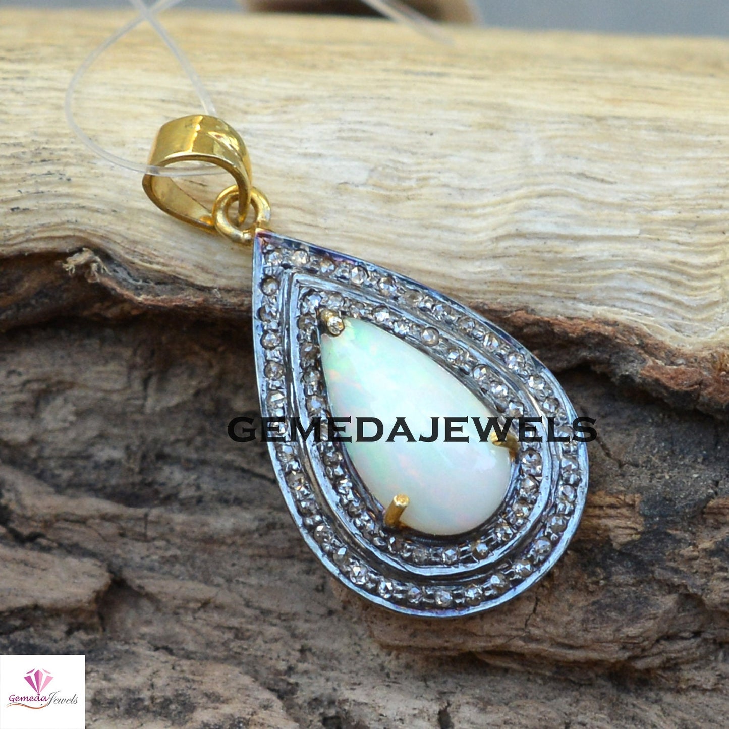 Natural Opal Pendant, Pave Diamond Jewelry, Gemstone Silver Pendant, 925 Silver Jewelry, Gold Plated Pendant, 16" Chain Necklace Jewellery