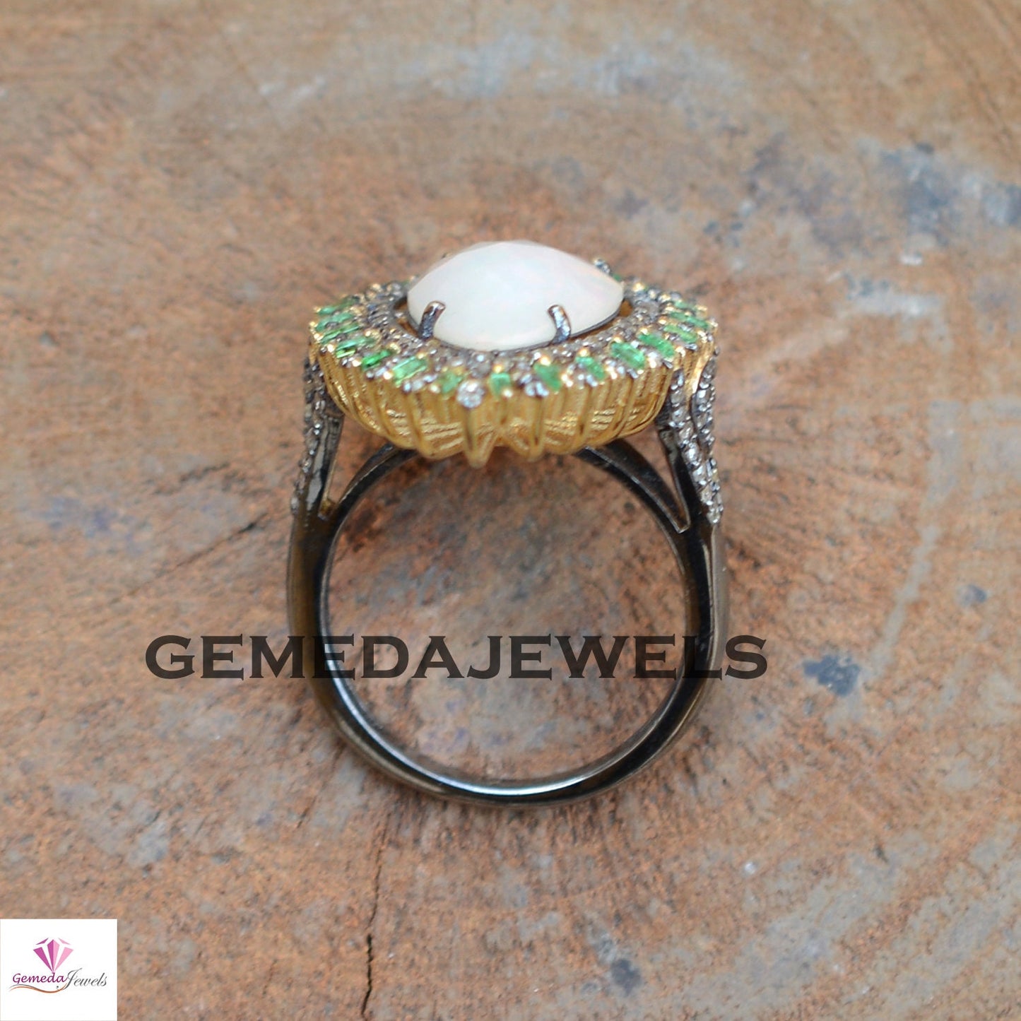 100% Genuine Opal Gemstone Ring, 14k Gold Vermeil Ring, 925 Silver Jewelry, Emerald Diamond Ring, Baguette Diamond Ring, Engagement Jewelry