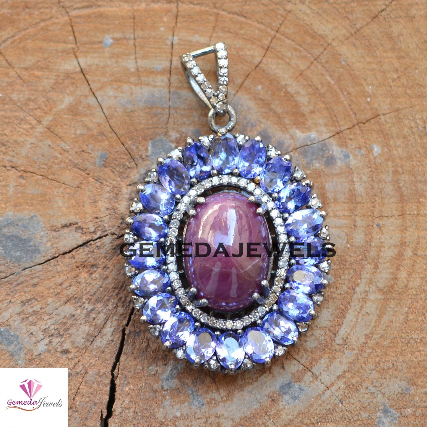 Ruby Gemstone Pendant, 925 Silver Jewelry, Pave Diamond Pendant Jewelry, Sapphire Gemstone Jewelry, 16" Silver Link Chain Necklace, Gifts