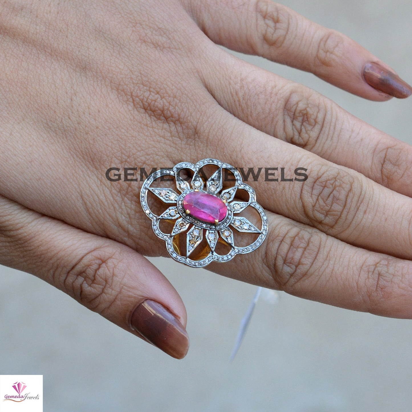 Ruby Gemstone Ring, Diamond Flower Ring, 925 Silver Jewelry, Gemstone Silver Jewelry, Gold Vermeil Ring, Gemstone Floral Ring, Gift For Her