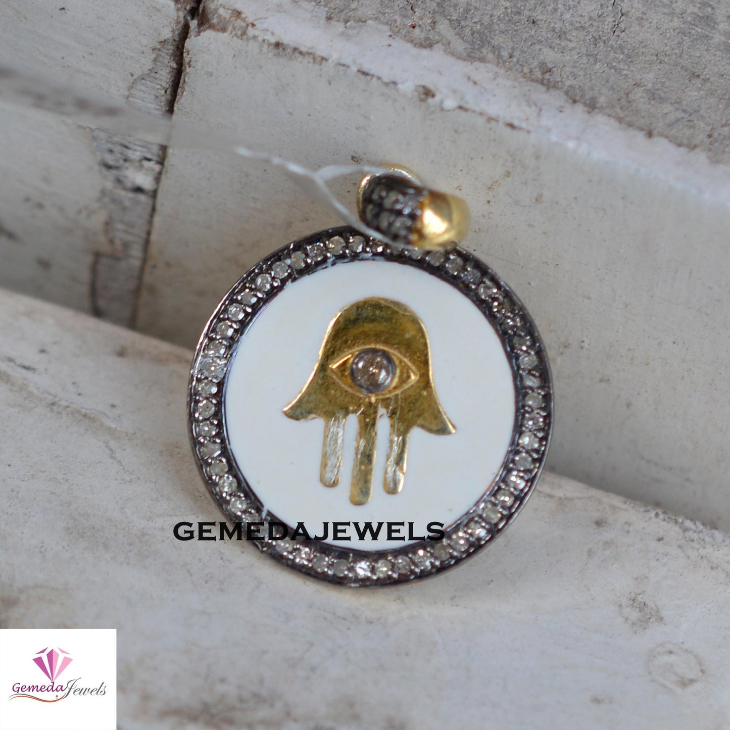 Sale! Genuine Pave Diamond Hamsa Pendant, Round Pendant Jewelry, 16" Link Chain Necklace, 925 Silver Jewelry, 14k Gold Vermeil Pendant, Gift