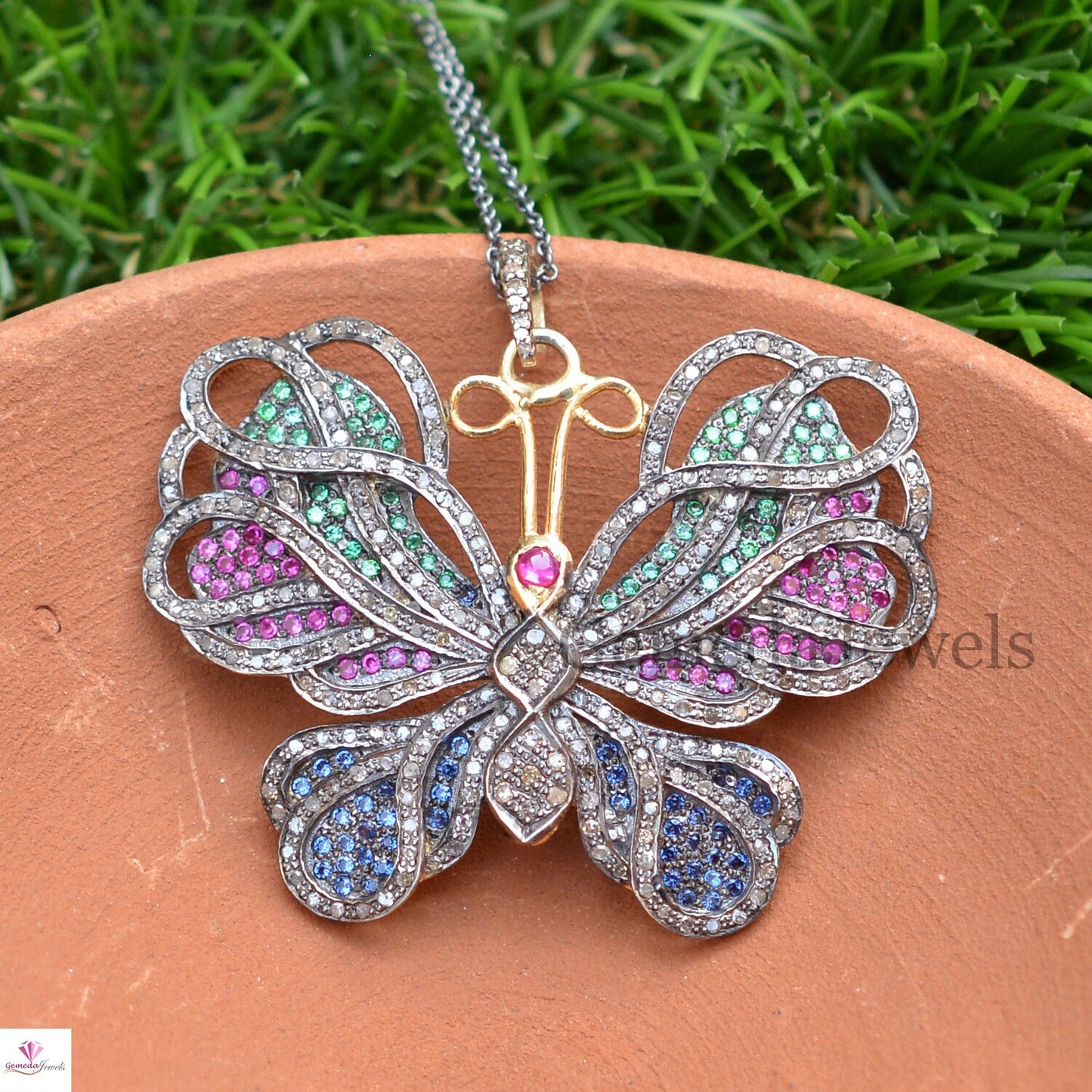 Genuine Multi-Gemstone Butterfly Pendant, 925 Silver Pave Diamond Butterfly Pendant Necklace, Women Gift Jewelry, Christmas Gifts For Her