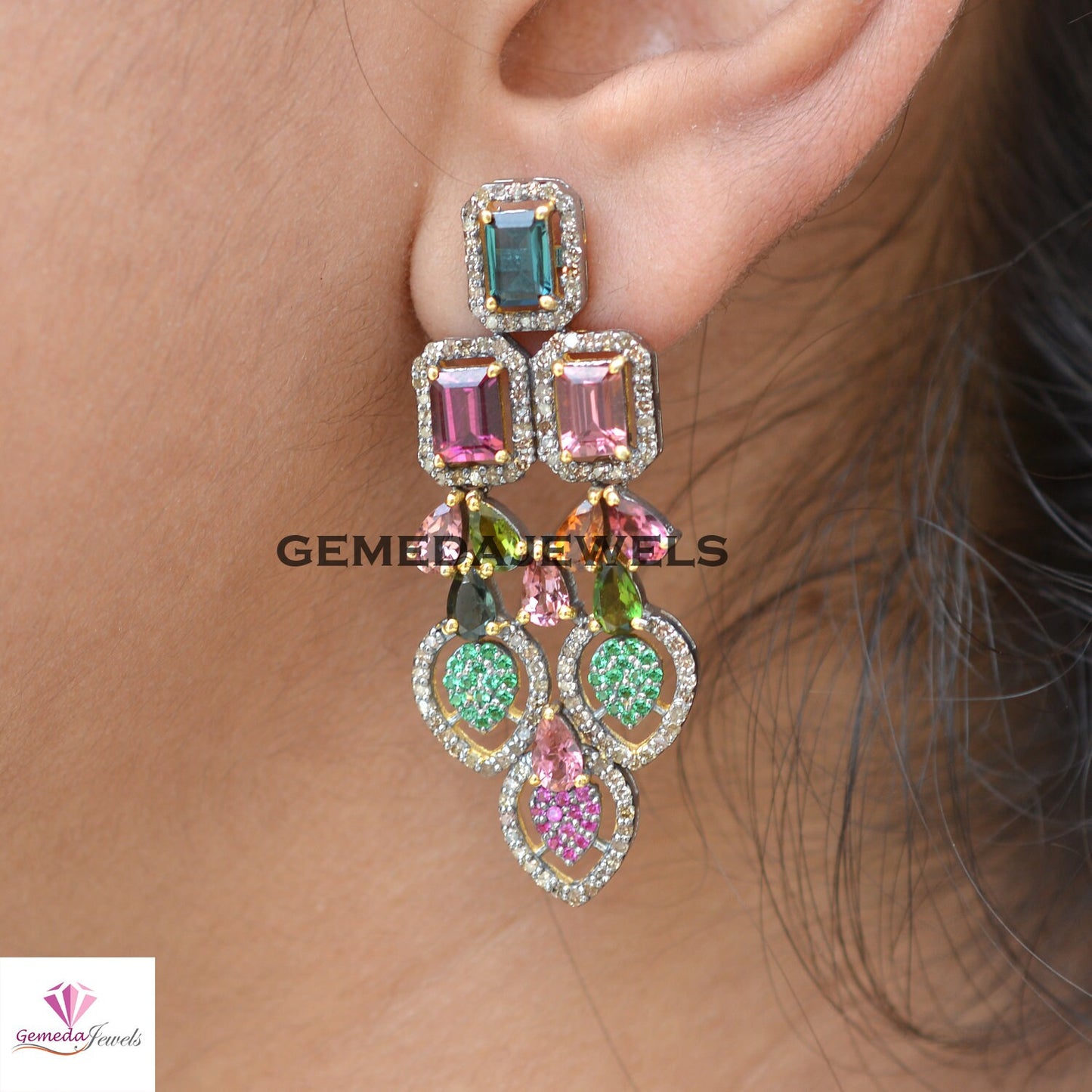 Multi Tourmaline Earrings, Ruby Earring, Emerald Diamond Silver Jewelry, 925 Silver Earrings, Gold Vermeil Earrings, Wedding Gift Jewelry