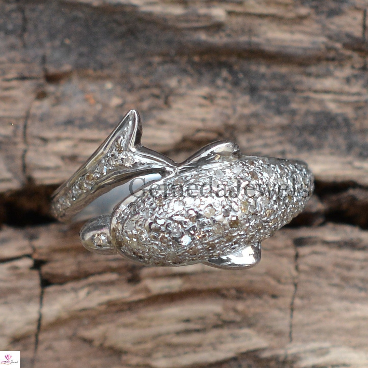 Natural Pave Diamond Dolphin Ring, Handmade Ring Jewelry, Pave Diamond Ring Jewelry, 925 Sterling Silver Ring, Animal Jewelry, Gift For her