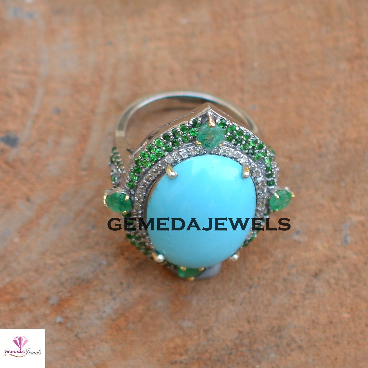 Stunning Blue Turquoise Ring, Pave Diamond Jewelry, Gemstone Diamond Ring, 925 Silver Ring Jewelry, Emerald Gemstone Ring, Wedding Jewelry