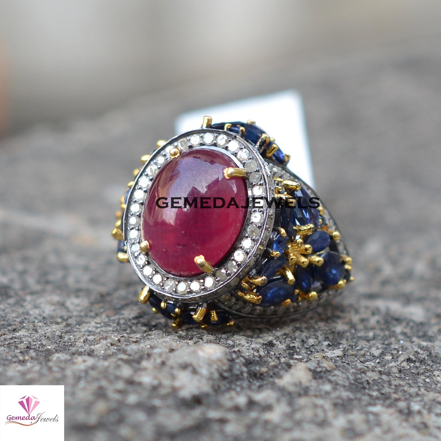 Sale!! Charming Ruby gemstone Ring, Blue Sapphire Ring Jewelry, Pave Diamond 925 Silver Ring, Rhodium Plated Jewelry, Wedding Gift Jewelry