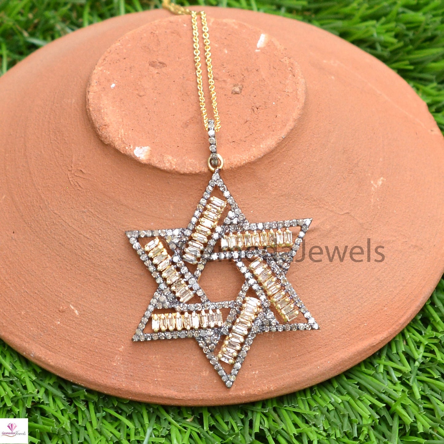 Sale Baguette Diamond Star Pendant, Pave Diamond Handmade Jewelry, 925 Silver Pendant, Star of David Pendant Necklace, 16" Link Chain, Gifts