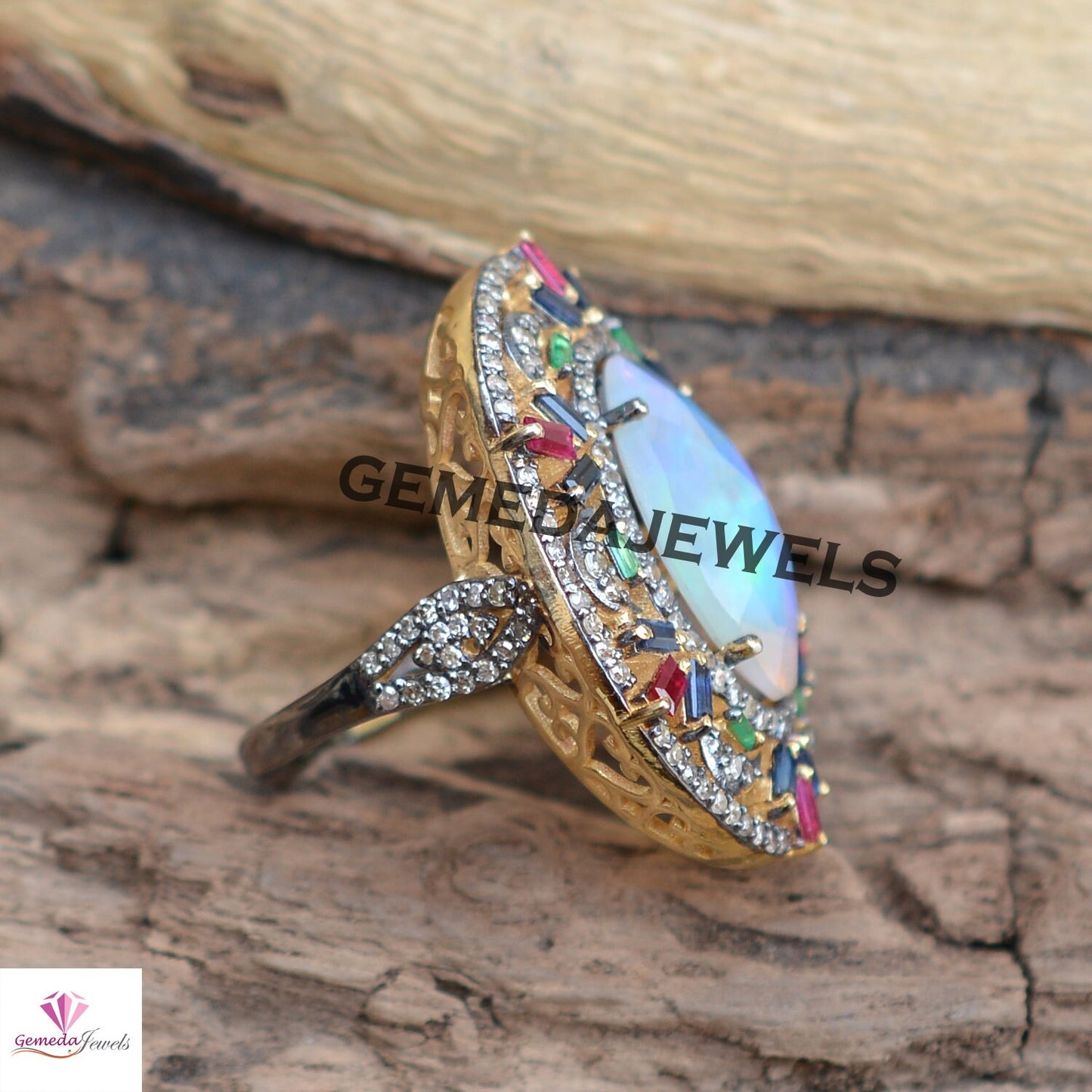Genuine Opal Silver Ring, Pave Diamond Jewelry, Baguette Gemstone Ring, Multi Stone Jewelry, 14k Gold Vermeil Ring JEWELLERY, Gift For Her