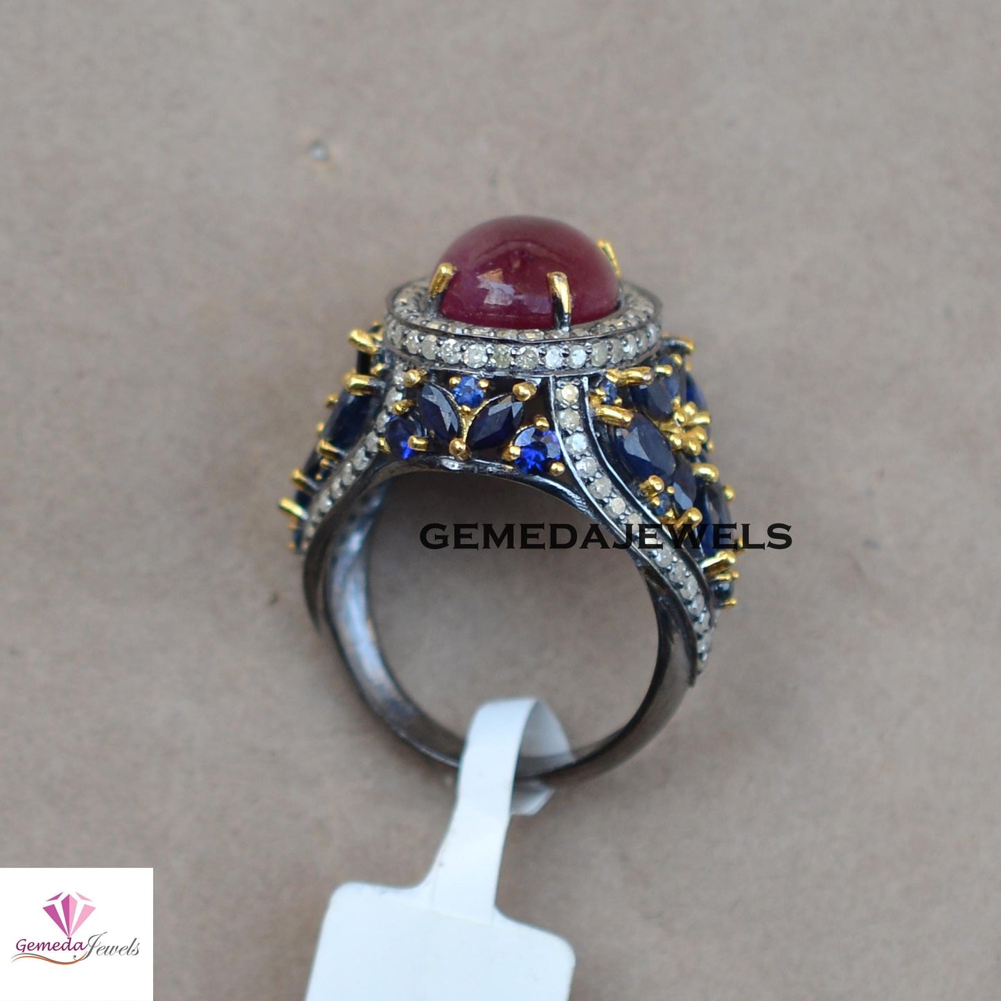 Sale!! Charming Ruby gemstone Ring, Blue Sapphire Ring Jewelry, Pave Diamond 925 Silver Ring, Rhodium Plated Jewelry, Wedding Gift Jewelry