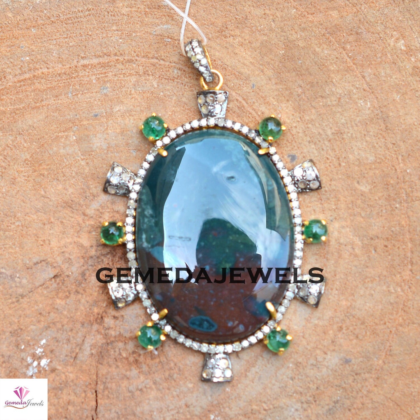 Beautiful Jasper Gemstone Pendant, Emerald Pendant, Pave Diamond Jewelry, 925 Silver Jewelry, 14k Gold Vermeil Pendant, 16" Chain Necklace
