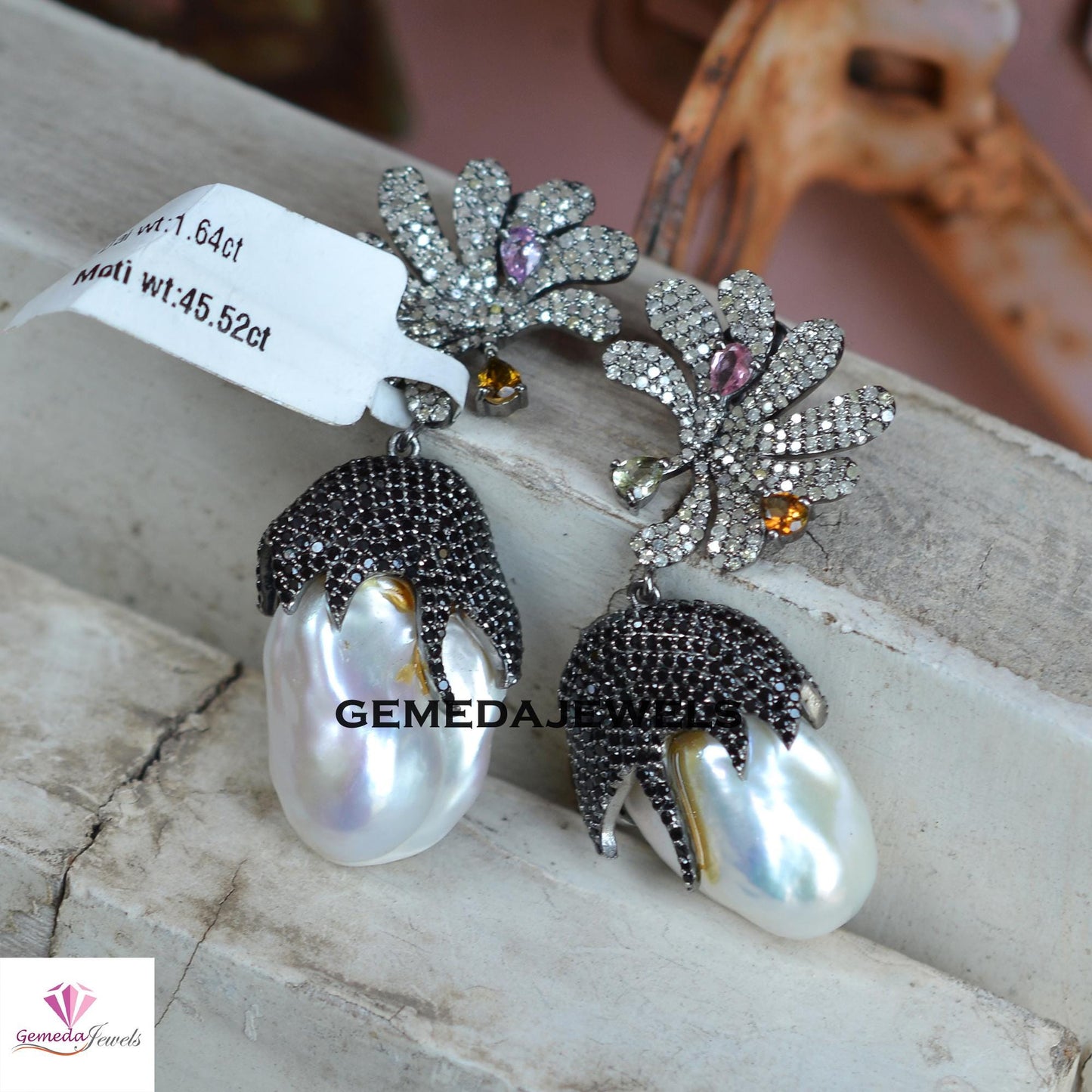 Pearl Earrings, Black Spinel Gemstone Jewelry, Multi Tourmaline Gemstone, 925 Silver Jewelry, Women's Gift Jewelry, Pave Diamond Earrings