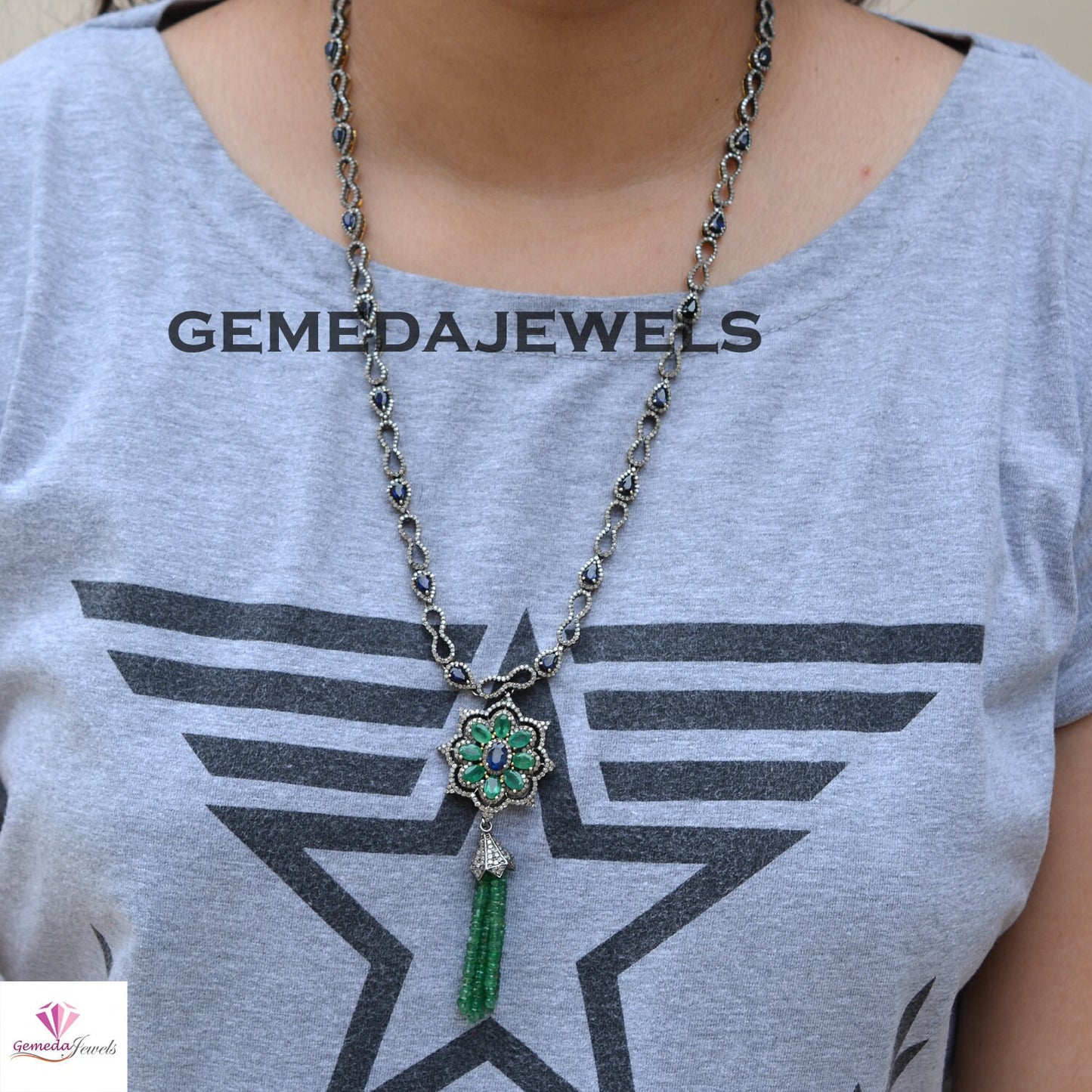 Genuine Sapphire Necklace, Emerald Beads Gemstone Necklace, Yellow Vermeil 925 Silver Jewelry, Pave Diamond Necklace, 26" Pendant Necklace