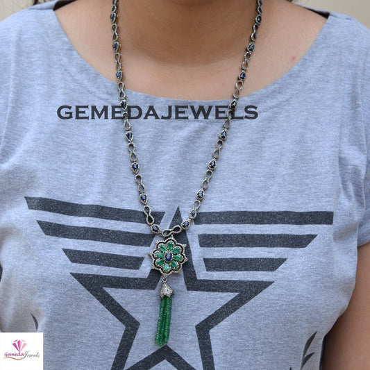 Genuine Sapphire Necklace, Emerald Beads Gemstone Necklace, Yellow Vermeil 925 Silver Jewelry, Pave Diamond Necklace, 26" Pendant Necklace