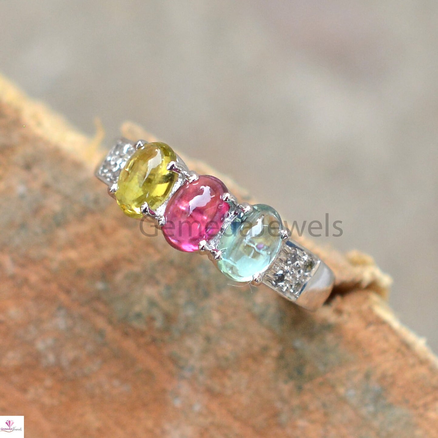 Multi Tourmaline Gemstone Ring, Oval Shape Gemstone, Pave Diamond Ring, 925 Sterling Silver Jewelry, Stacking Ring, Anniversary Gift For Her