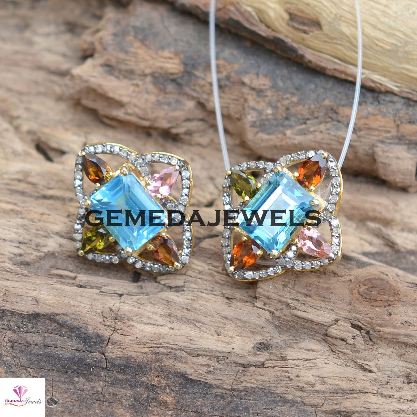 Sale! Blue Topaz Flower Stud Earring, Pave Diamond Earrings, Multi Gemstone Jewelry, Yellow Vermeil 925 Silver Earrings, Women Gift Jewelry