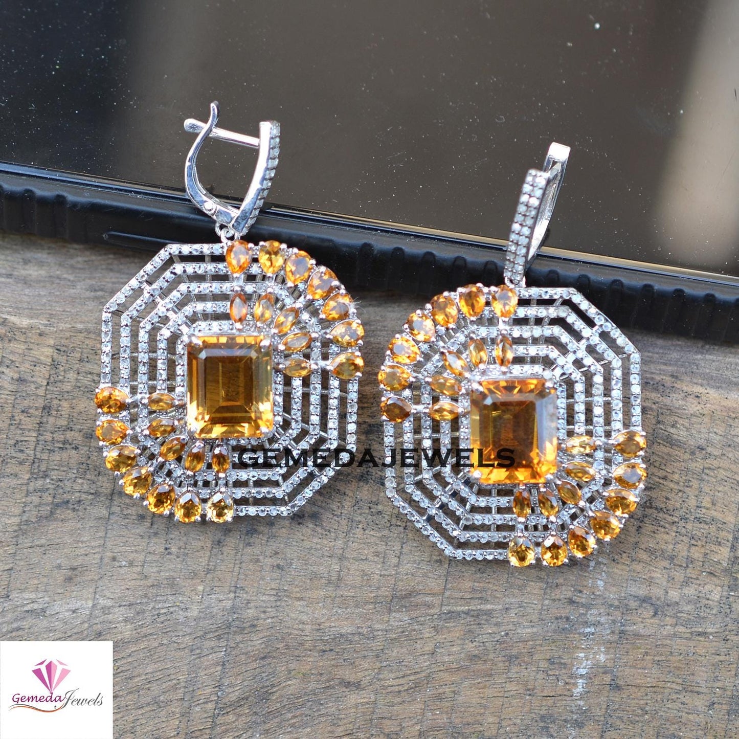 Charming Citrine Gemstone Earrings, Solid 925 Silver Jewelry, Pave Diamond Jewelry, Gemstone Silver Earring, Christmas Gift, Gift For Her