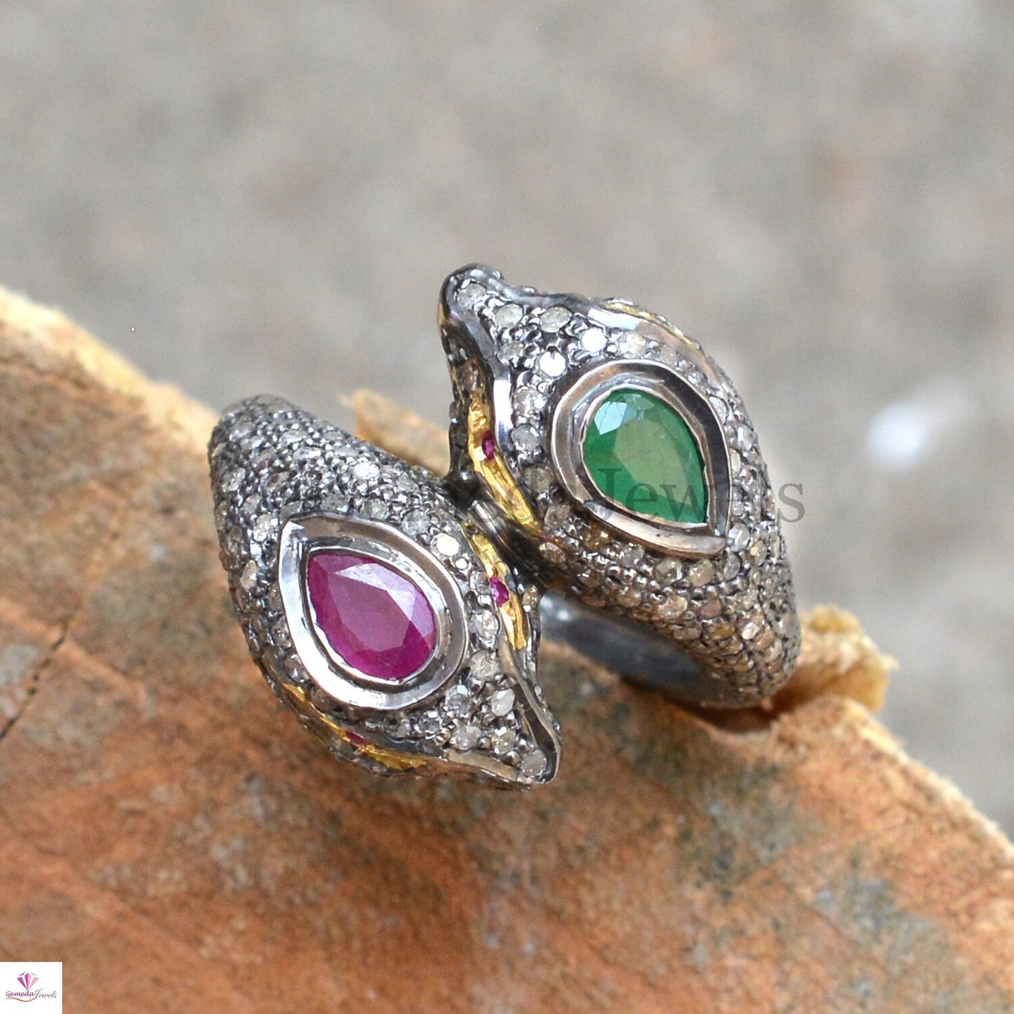 Sale! Natural Ruby Emerald Snake Ring, Pave Setting Diamond Jewelry, Red Eyes Diamond Silver Snake Jewelry, Gemstone Ring, Jewelry For Women