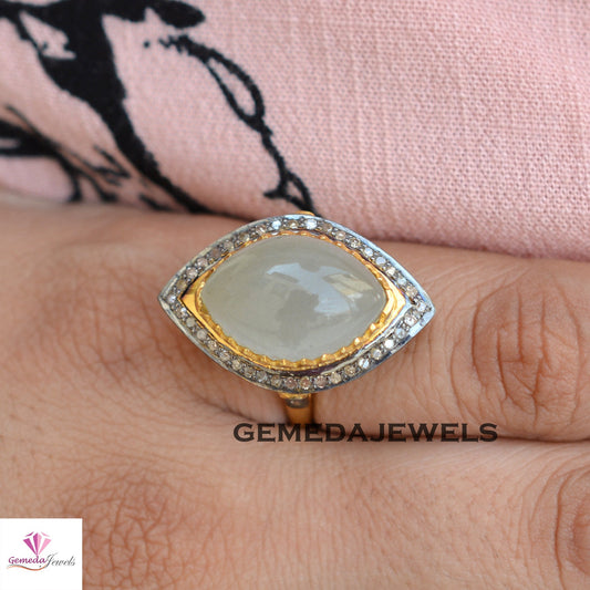 Aqua Chalcedony Gemstone Ring, Pave Diamond Jewelry, 925 Sterling Silver Ring, 14k Gold Plated Ring, Gemstone Silver Jewelry, Gift For Her