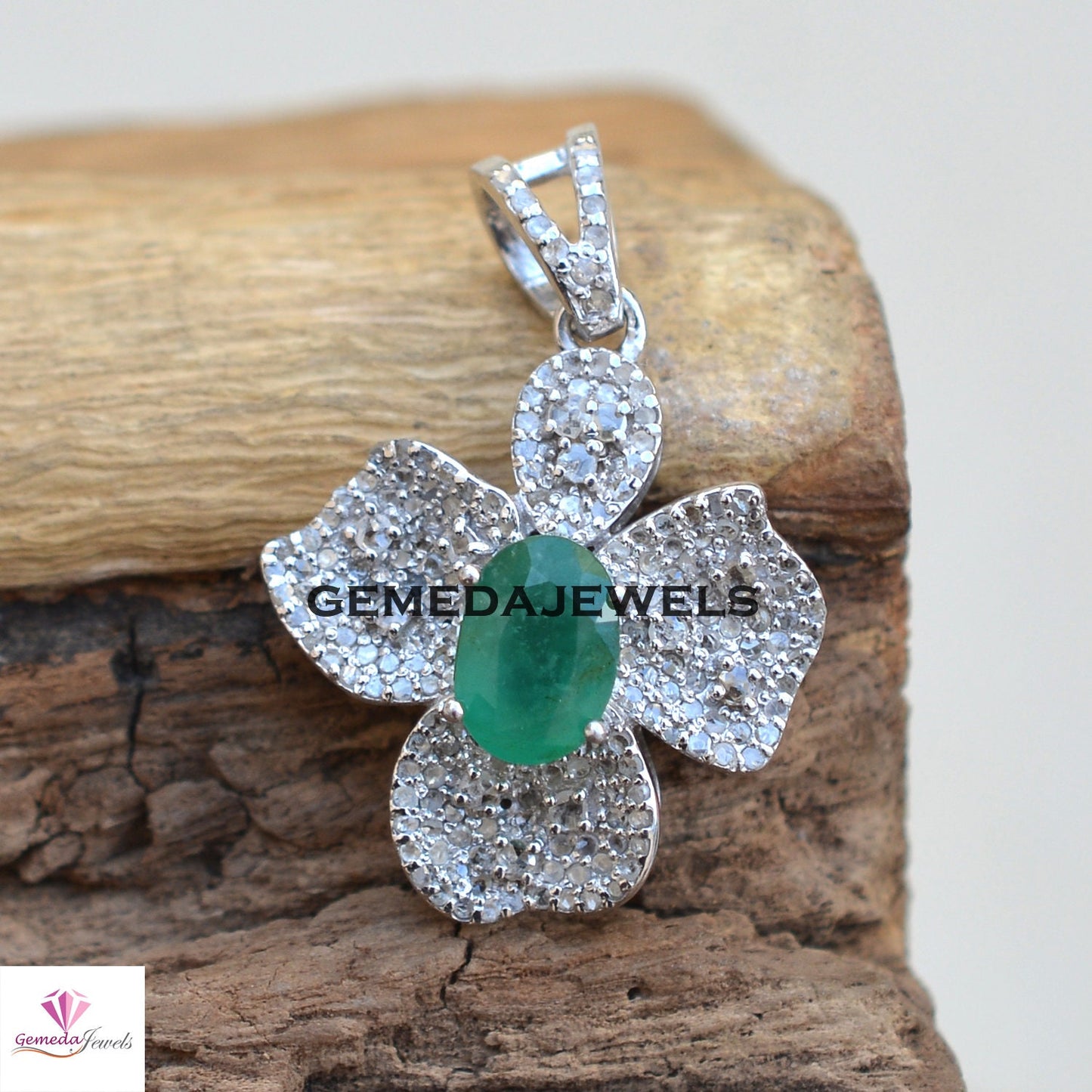 Genuine Emerald Pendant, Pave Diamond Jewelry, 925 Sterling Silver Pendant, Flower Pendant Jewelry, 16" Link Chain Necklace Gemstone Jewelry