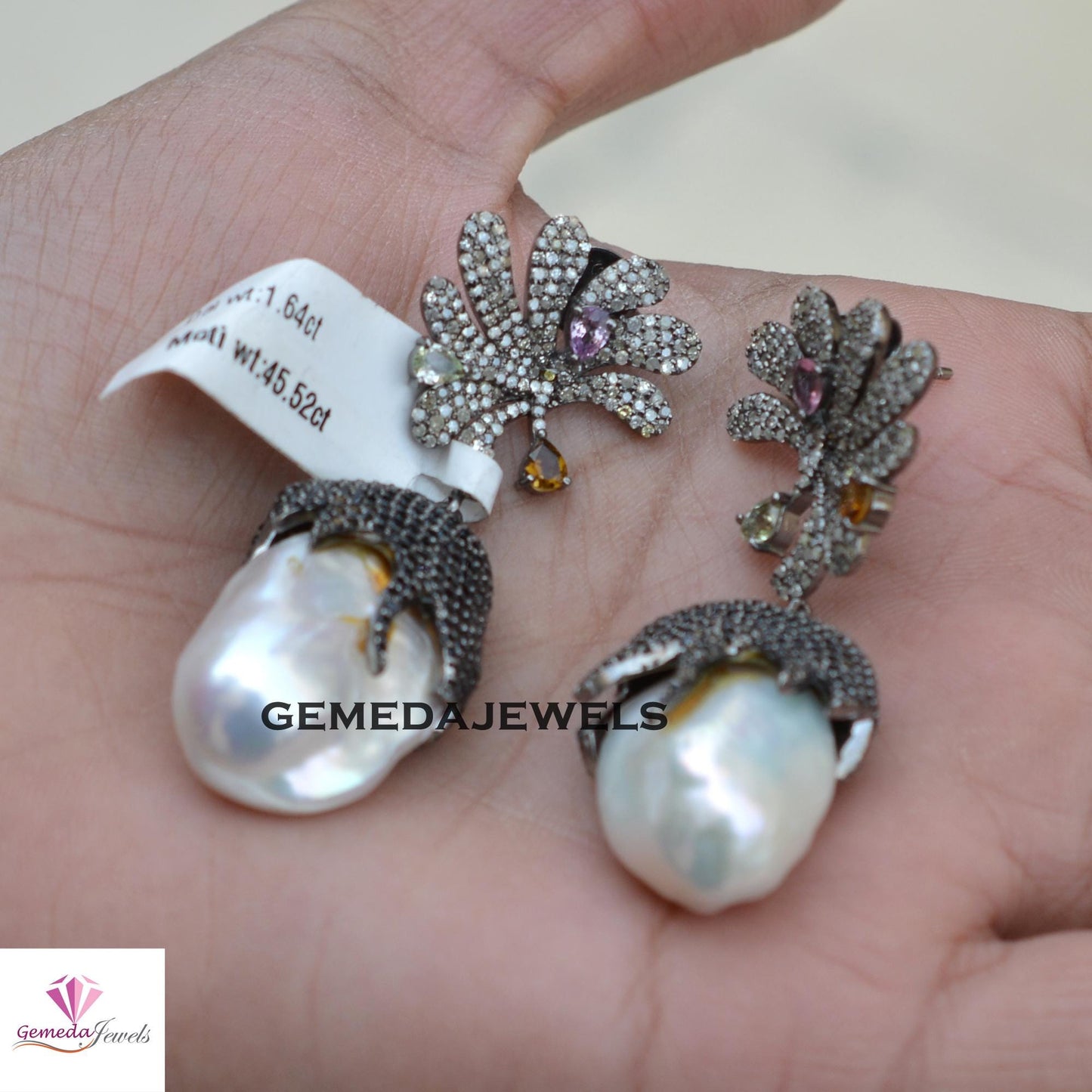 Pearl Earrings, Black Spinel Gemstone Jewelry, Multi Tourmaline Gemstone, 925 Silver Jewelry, Women's Gift Jewelry, Pave Diamond Earrings