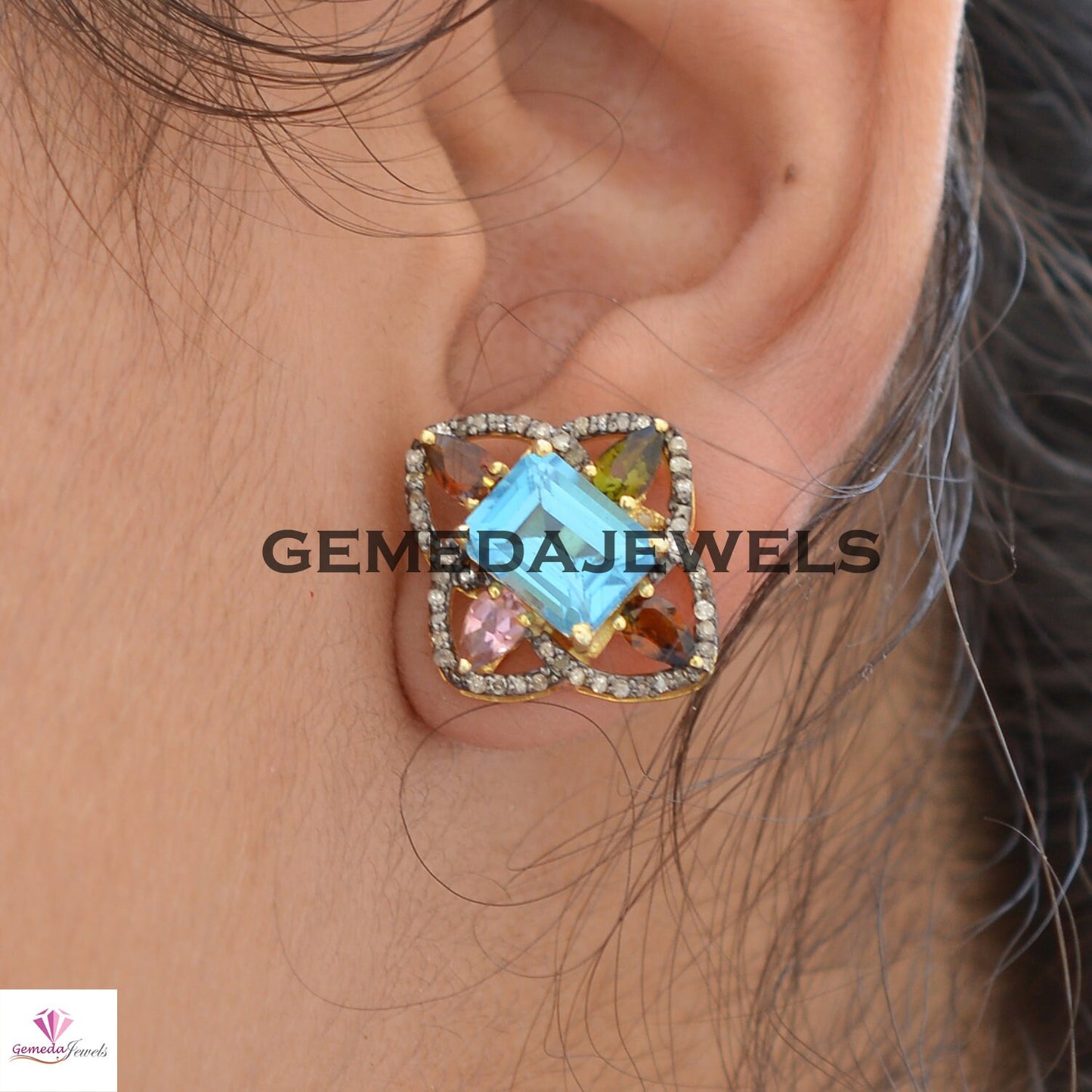 Sale! Blue Topaz Flower Stud Earring, Pave Diamond Earrings, Multi Gemstone Jewelry, Yellow Vermeil 925 Silver Earrings, Women Gift Jewelry