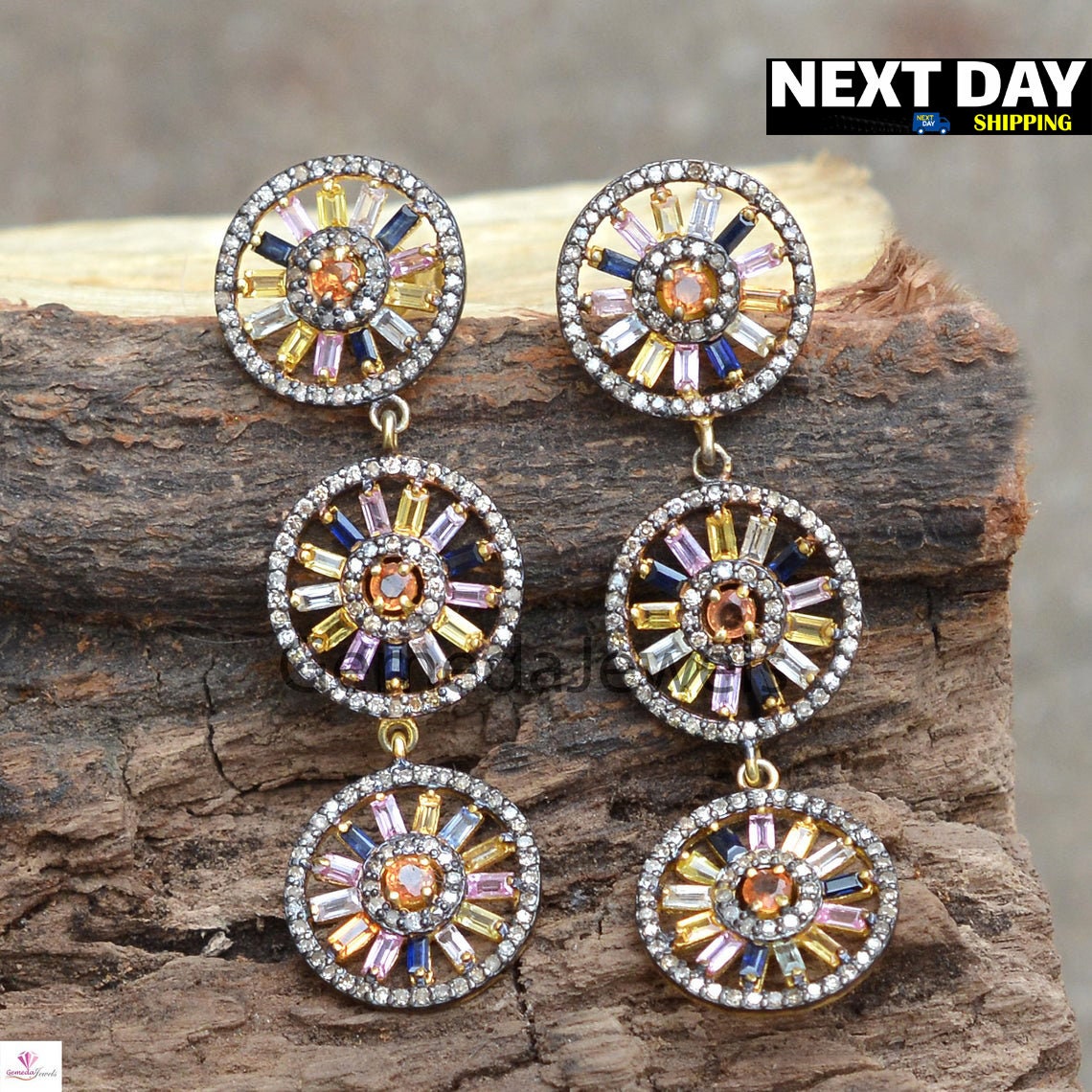 Multi Sapphire Earrings, Pave Diamond Disc Earrings, 925 Silver Jewelry, Gold Vermeil Earrings, Designer Dangle Earring, Valentine Day Gifts