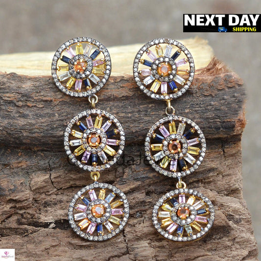 Multi Sapphire Earrings, Pave Diamond Disc Earrings, 925 Silver Jewelry, Gold Vermeil Earrings, Designer Dangle Earring, Valentine Day Gifts