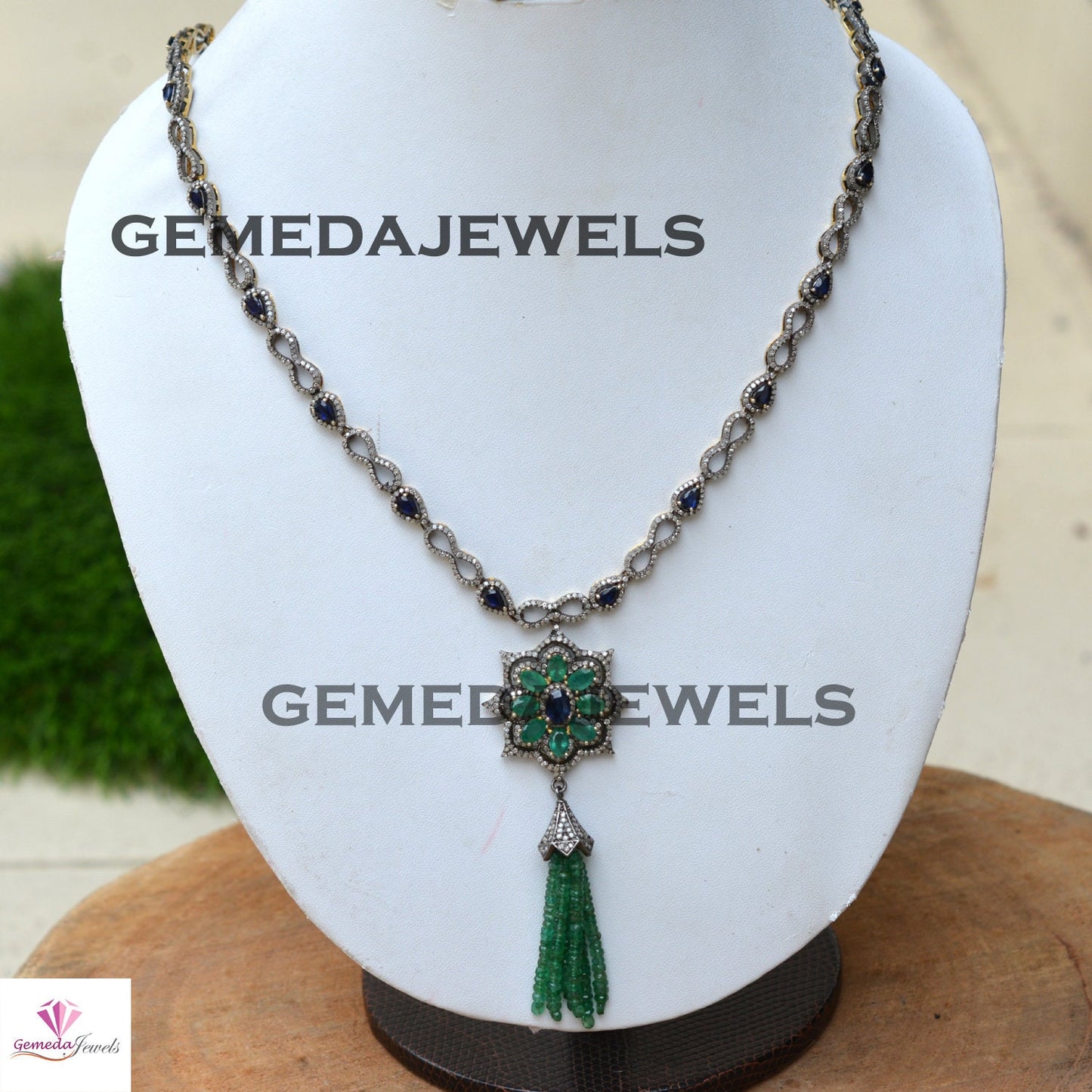 Genuine Sapphire Necklace, Emerald Beads Gemstone Necklace, Yellow Vermeil 925 Silver Jewelry, Pave Diamond Necklace, 26" Pendant Necklace