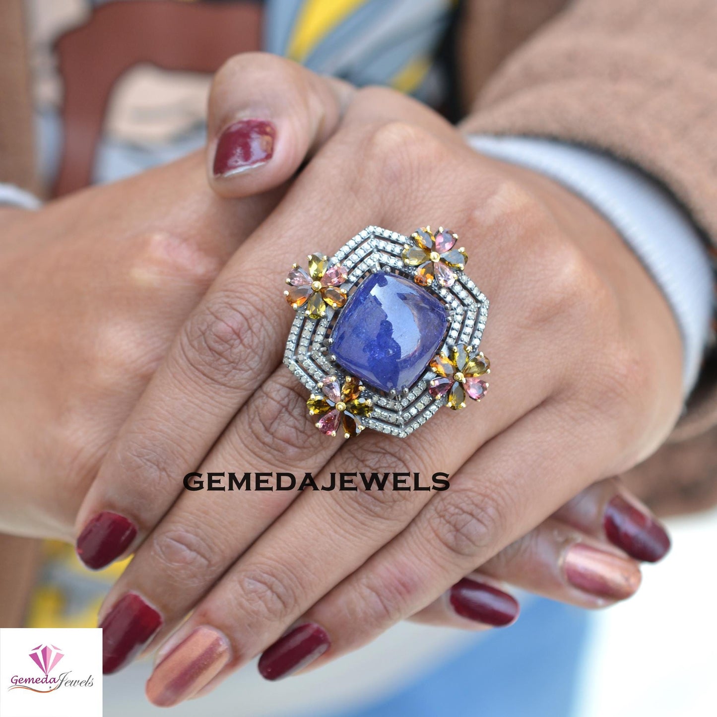 Natural Tanzanite Gemstone Jewelry Set, Tourmaline Gemstone Flower, Pave Diamond Silver Jewelry, Gemstone Ring Earrings Set, Wedding Jewelry