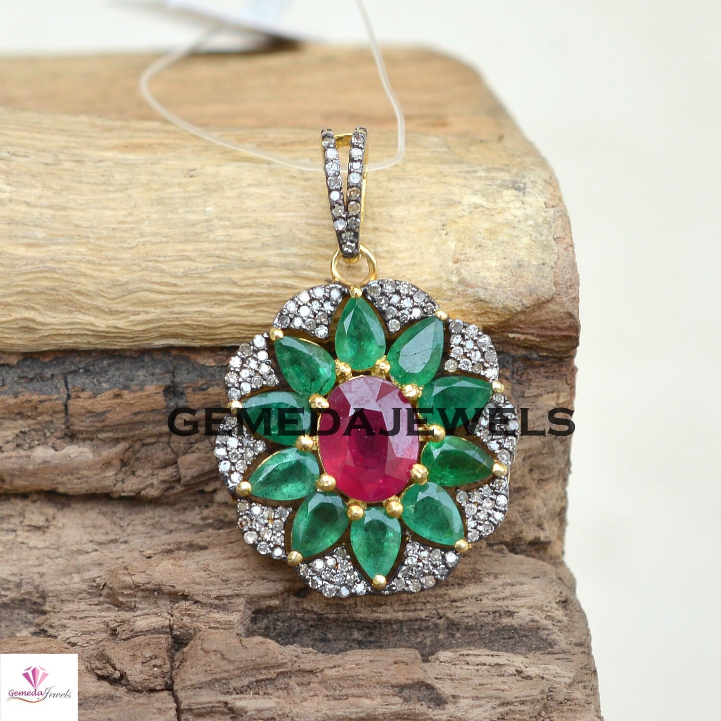 Red Ruby Pendant, Emerald 925 Silver Pendant, Pave Diamond Jewelry, Gemstone Floral Pendant, 16" Chain Pendant Necklace, Gold Plated Jewelry