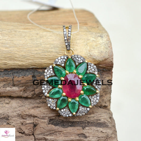 Red Ruby Pendant, Emerald 925 Silver Pendant, Pave Diamond Jewelry, Gemstone Floral Pendant, 16" Chain Pendant Necklace, Gold Plated Jewelry