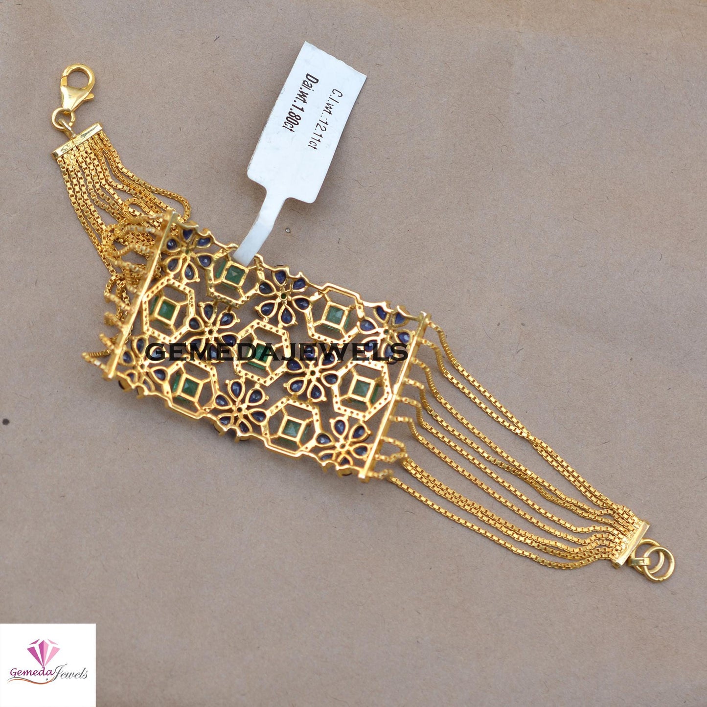 Natural Emerald Bracelet, Sapphire Flower Bracelet, 925 Silver Gold Plated Link Chain Clasp Lock Bracelet, Pave Diamond Jewelry Wedding Gift